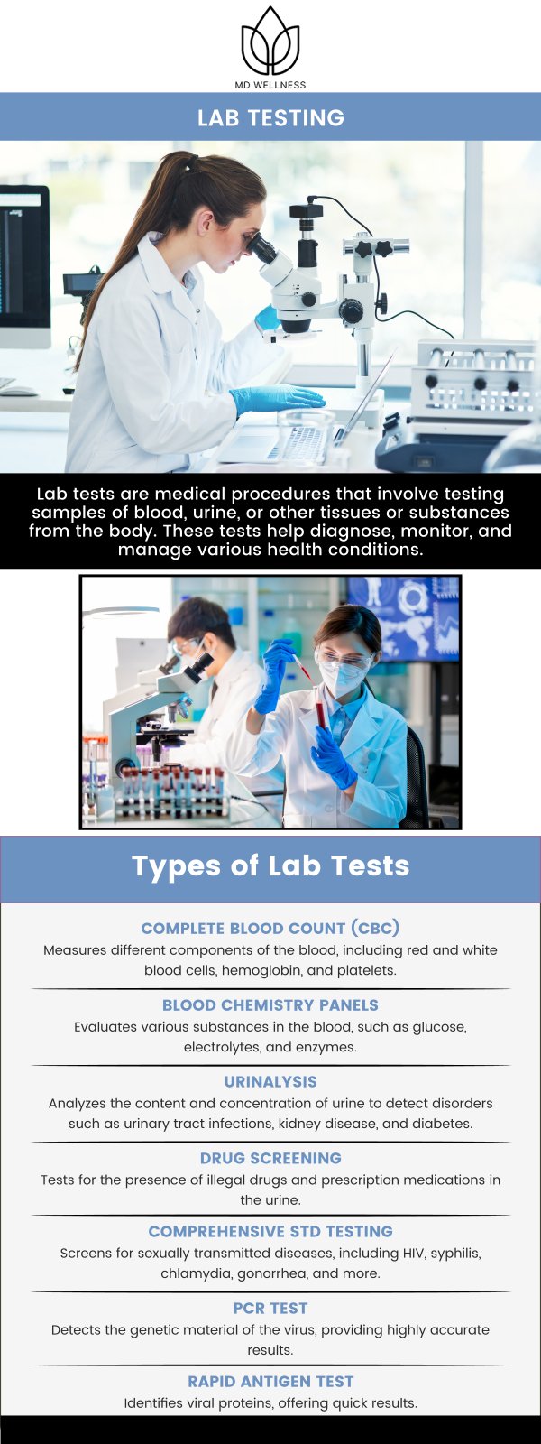 At the MD Wellness Center, Dr. Maninder Guram, MD, provides a range of lab testing services to help you understand and manage your health. Our team is dedicated to ensuring that you receive accurate and timely results. We make the testing process simple and convenient, offering trusted labs to help you get the answers you need. For more information, contact us or schedule an appointment online. We are conveniently located at 425 Holderrieth Blvd, Suite A Tomball, TX 77375. At the MD Wellness Center, Dr. Maninder Guram, MD, provides a range of lab testing services to help you understand and manage your health. Our team is dedicated to ensuring that you receive accurate and timely results. We make the testing process simple and convenient, offering trusted labs to help you get the answers you need. For more information, contact us or schedule an appointment online. We are conveniently located at 425 Holderrieth Blvd, Suite A Tomball, TX 77375.
